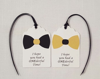 Gold & Black Little Man Bowtie Party Favor Tags: I hope you had a ONEderful Time!, Set of 12, First Birthday Party Goodie Bag Tag