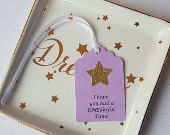 Gold Star Party Favor Tags: I hope you had a ONEderful time! Lavender Twinkle Little Star First Birthday Goodie Bag Tag, Printed Tags
