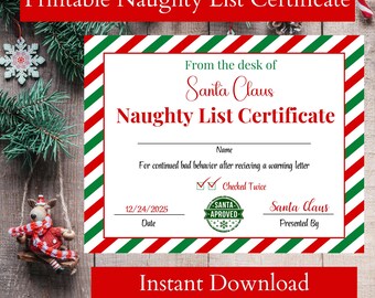 Santa's Naughty List Certificate Printable, Print at Home Kids Christmas Naughty List, Checked Twice, Instant Download, Not Editable