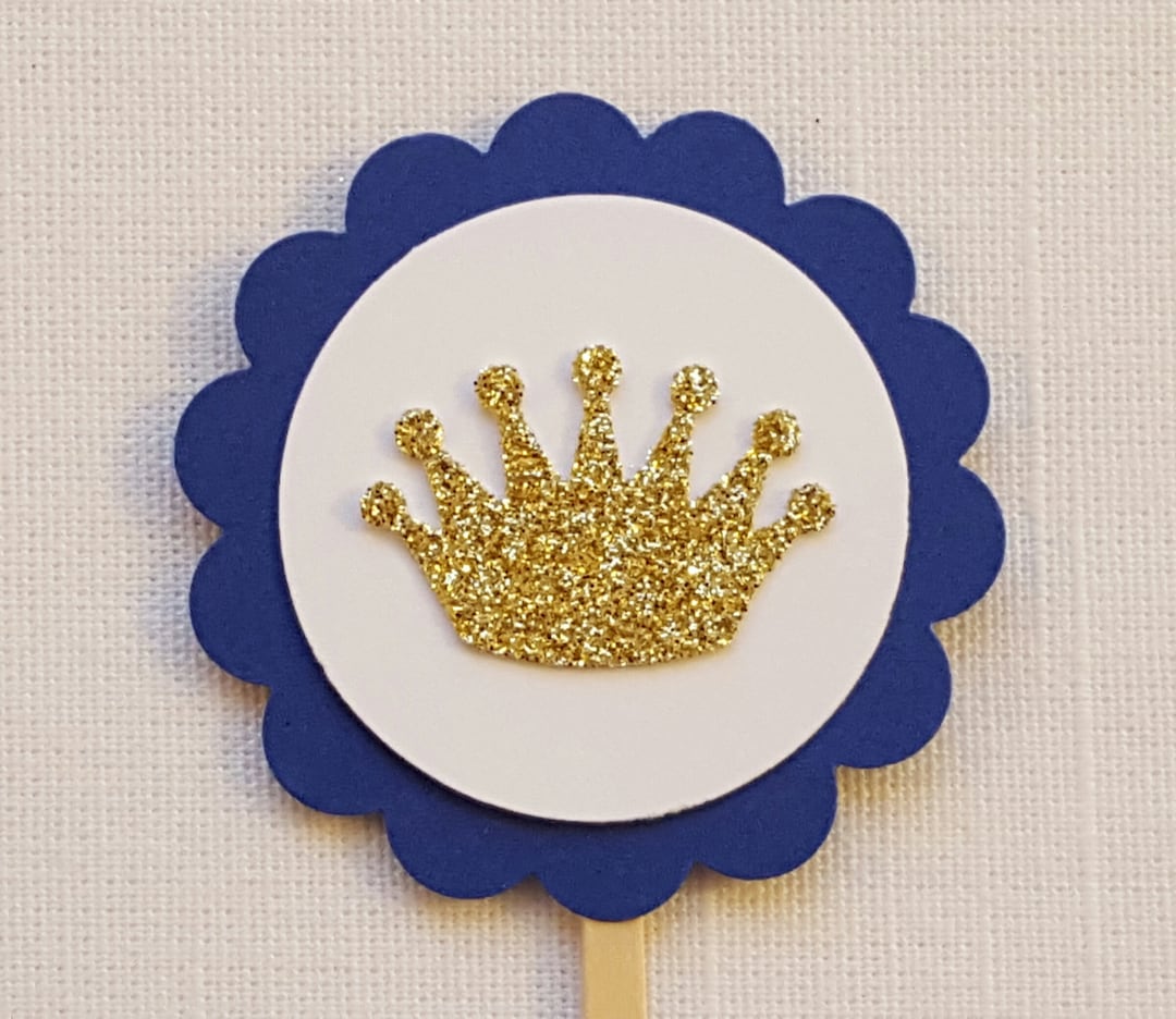 Blue & Gold Prince Princess Crown Cupcake Toppers, Royal Baby Shower ...