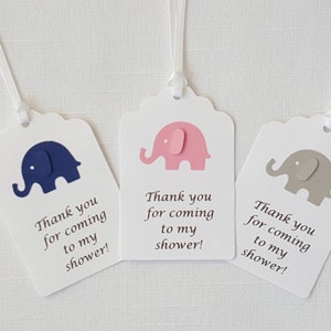 Elephant &#39;Thank you for coming to my shower!&#39; Favor Tag Set of 12, Navy Blue, Bubble Gum Pink, Gray, Little Peanut Elephant Baby Girl Shower