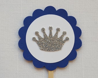 Blue & Silver Prince Princess Crown Cupcake Toppers, Royal Baby Shower, King Birthday Decoration, Prince First Birthday Cake Pick, Set of 12