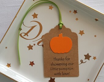 Orange Pumpkin Fall Baby Shower Favor Tags: Thanks for showering our little pumpkin with love!, Set of 12, Baby Boy Girl First 1st Birthday