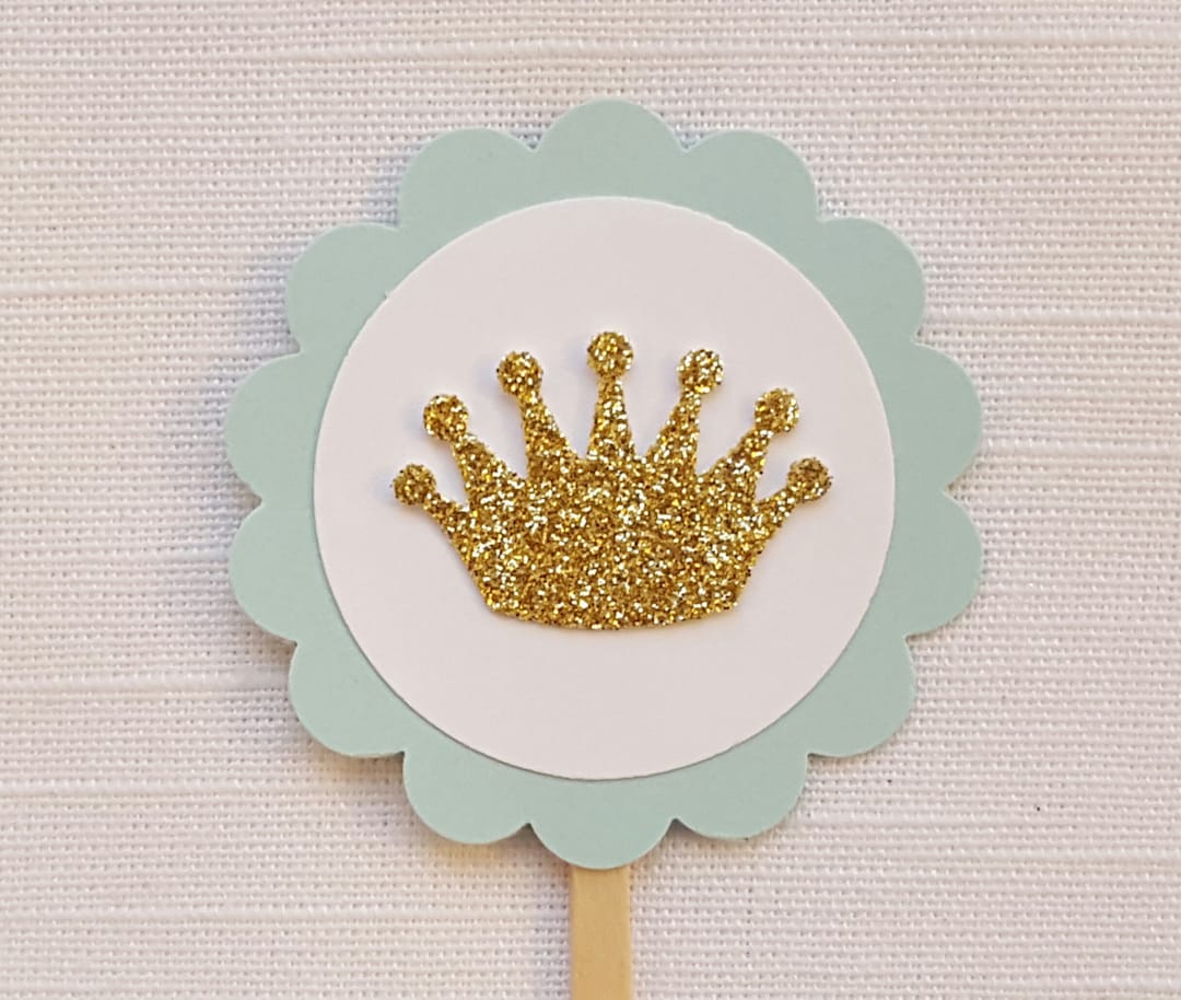 Light Blue & Gold Prince Princess Crown Cupcake Toppers, Royal Baby ...