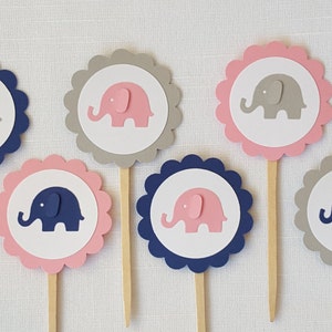 Elephant Cupcake Toppers Set of 12, Navy Blue, Bubble Gum Pink & Gray, Little Peanut Baby Shower Decoration, Elephant Themed Birthday Party