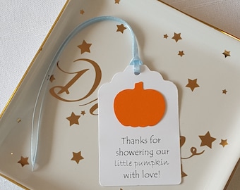 Orange Pumpkin Baby Boy Fall Shower Favor Tags: Thanks for showering our little pumpkin with love!, Set of 12, Fall Boy First 1st Birthday