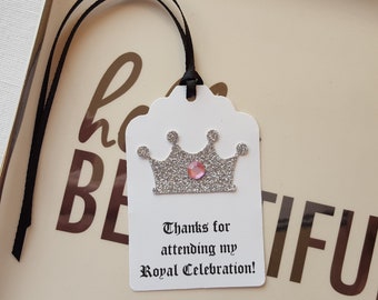 Silver Crown Medieval Queen Birthday Party Favor Tags: Thanks for attending my Royal Celebration!, Set of 12, Princess Party Thank You Tag