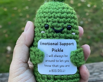 May include: Green crocheted pickle plush toy holding a sign that says "Emotional Support Pickle. I will always be around to let you know that you are a BIG DILL!"