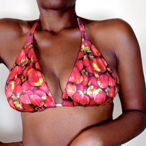 Strawberry bikini, Womens Swimsuit, Triangle Tie Top, Red Strawberries, Y2K Fruit Print Halter Swimwear, Handmade, Festival Halter Bikini