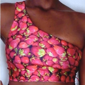 Strawberry Print Crop Top – Handmade One Shoulder Lace Up Top, Y2K Fruit Print Festival Outfit, Adjustable Corset Style Summer Tank