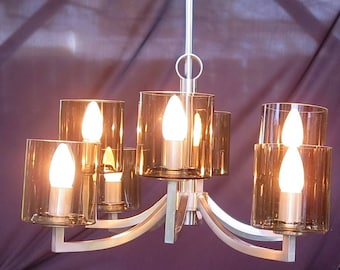 1960s Sputnik Chandelier 8 Light, Smoked Glass Chrome, Mid Century Space Age Ceiling Lamp, Vintage German Lighting