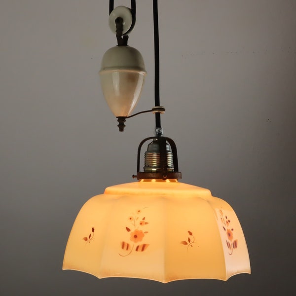 Art Deco Rise-and-Fall Lamp, Height Adjustable, 30s, Pendant Lamp, Kitchen Lamp, Rewired, Electrically Safe