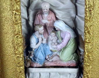 Antique Family Altar Holy Family Image of a Saint Sacred Diorama with Music Box around 1900