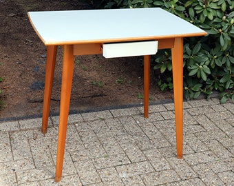 Small Vintage Kitchen Table from Wood with Formica Tabletop from the 50s with Wooden Edge and Drawer