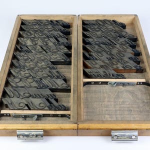 Könnte beinhalten: Ein offener, hölzerner Setzkasten mit Reihen von Metall-Lettern. Die Lettern sind in abgewinkelten Reihen im Kasten angeordnet. Der Kasten besteht aus hellem Holz mit Metallscharnieren und -verschlüssen.