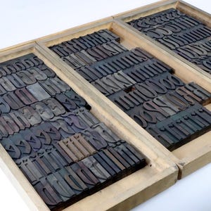 May include: Wooden type trays filled with vintage letterpress printing blocks. The blocks are arranged in rows and columns, displaying a variety of fonts and sizes. The wood blocks are dark gray and brown, and the trays are light brown.