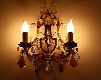 1950s Italian Crystal Wall Sconce – Vintage Lyre Wall Lamp, 2 Light, Glass Prisms, Hollywood Regency
