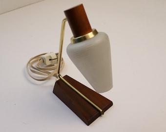 40s/ 50s Bedside Lamp, Teak, Brass, Frosted Glass