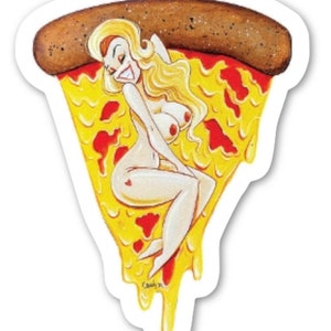 May include: A cartoon illustration of a woman in a pizza slice. The woman is nude and has blonde hair. The pizza slice is dripping with melted cheese and has red sauce and pepperoni. The pizza crust is brown and has a sausage on top.