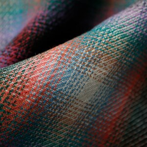 May include: Close-up of a woven fabric with a plaid pattern in shades of green, red, blue, and white.