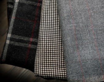 Gray black wool - 3 pieces: charcoal gray white red plaid/ black cream houndstooth/meduyn gray micro plaid