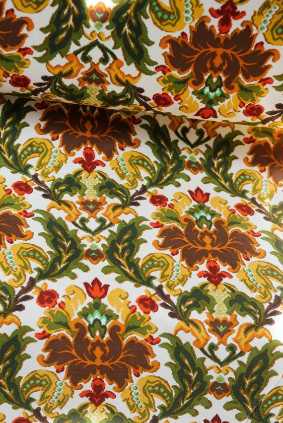 1961 vintage thick floral upholstery fabric green brown orange yellow scroll leaf flower geometric pattern