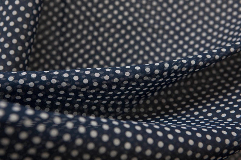 Vintage navy blue semi-sheer cotton with white polka dots clothing curtain cotton fabric