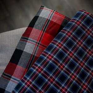Vintage plaid and houndstooth fabrics - navy blue red plaid / off white red black houndstooth / red gray plaid