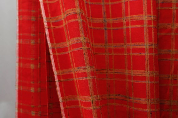 Red and beige nubby mottled plaid wool blend fabric - red with beige stripes / plaid