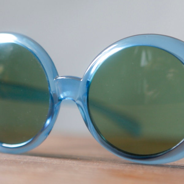 Vintage midcentury Italian blue plastic glasses from the 50's - 1 pair fabric covered/ other large circle light blue mod shaped sunglasses