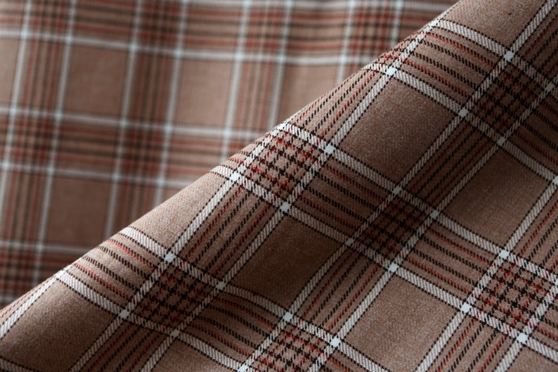 vintgae plaid wool w white and red Light brown beige wool fabric