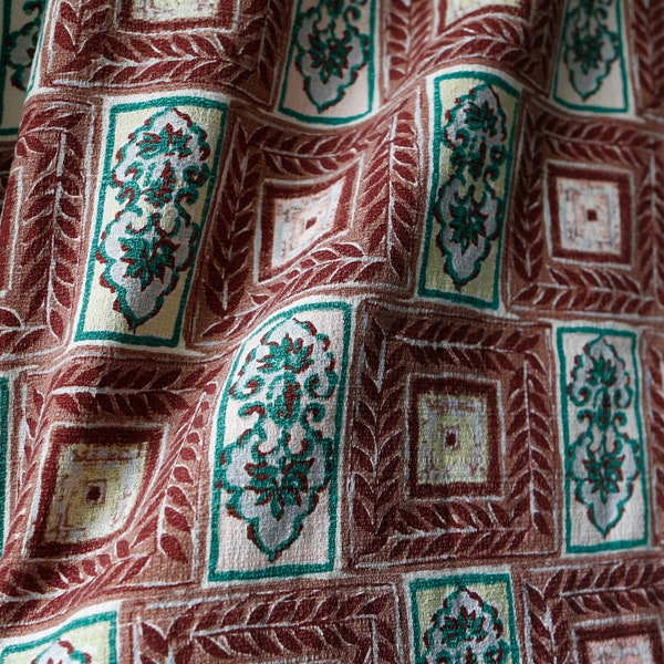 Vintage 50's barkcloth square blocks w geometric patterns brown and green
