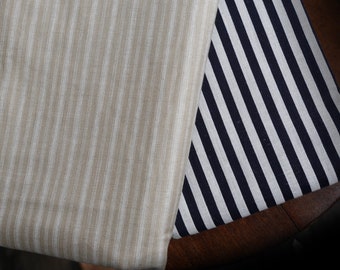 Vintage striped fabric - beige and white small striped slightly polished cotton / lightweight navy blue and white stripes