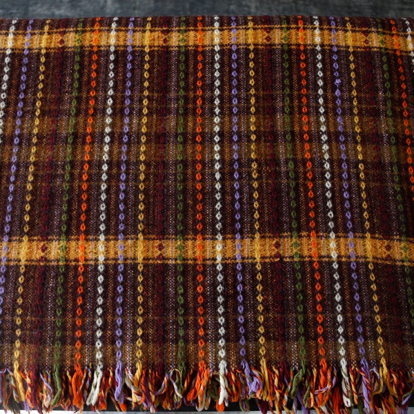 Vintage burgundy brown wool blanket w purple yellow rust orange stripes diamond pattern