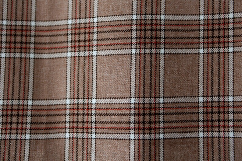 vintgae plaid wool w white and red Light brown beige wool fabric