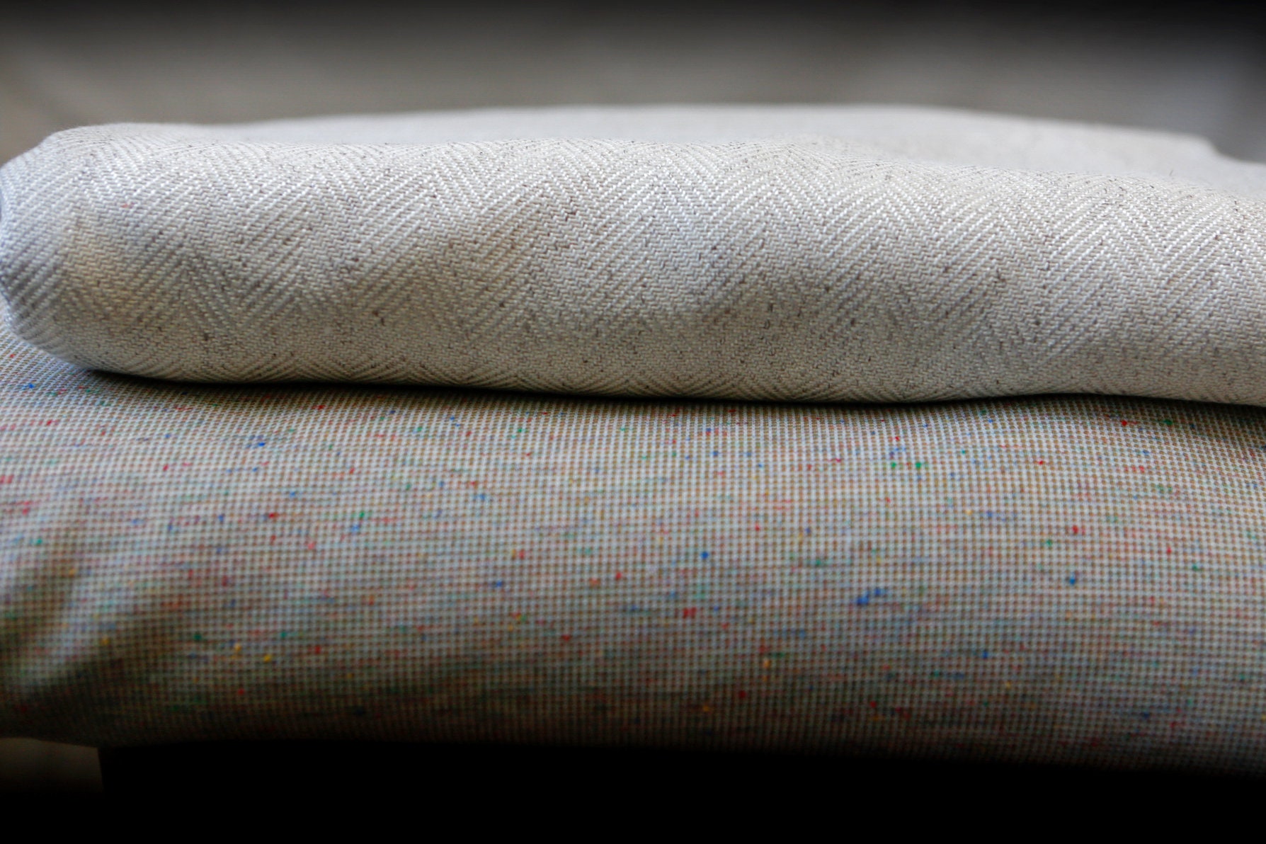 Cream / Beige Herringbone Heavyweight Decor Cotton / Beige W Mottled Nubby  Threads Polyester Synth Fabric 