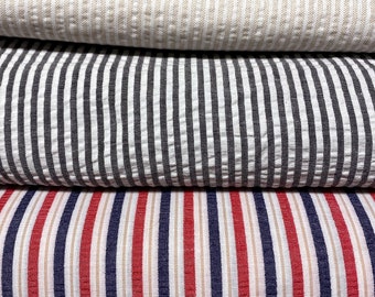 Vintage striped soft cototn seersucker fabric -red blue white stripes / beige white stripes / gray white stripes