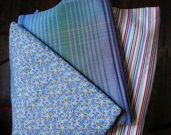 Vintage lightweight cotton fabric- seersucker fabric. turquoise green stripes. turqoise purple pink green stripes / micro floral 60's quilt