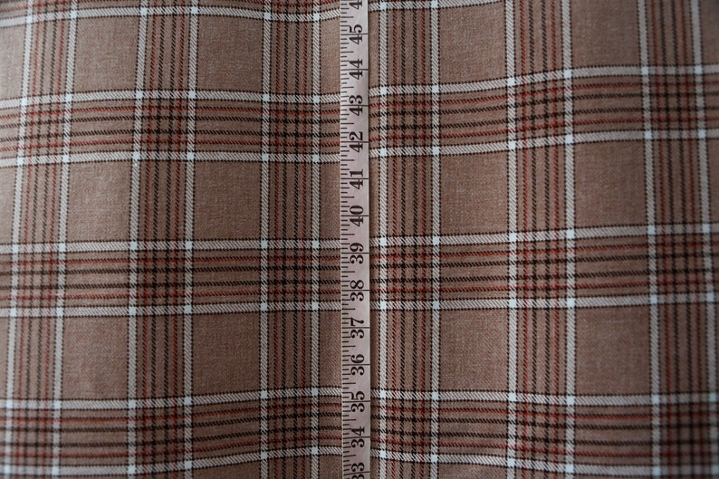 vintgae plaid wool w white and red Light brown beige wool fabric