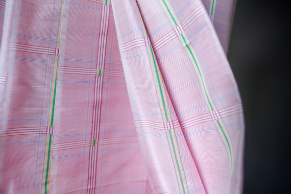 vintage pink and green silk synthetic blend fabric - lightweight decor upholstery curtain fabric -predominately pink fabric w yellow green