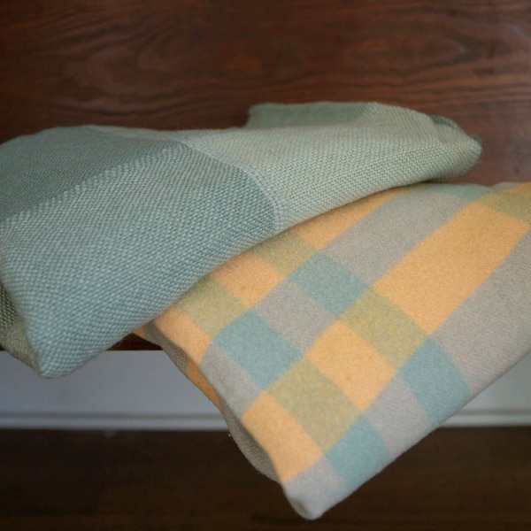 Three weavers seafoam green wool throw blanket/ turquoise blue yellow plaid thick wool blanket w pink fringe - vintage 60's wool blankets