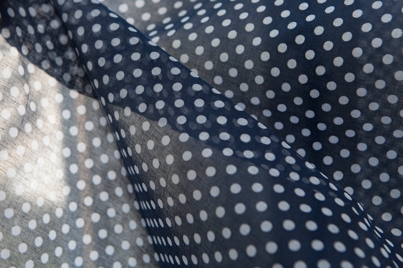 Vintage navy blue semi-sheer cotton with white polka dots clothing curtain cotton fabric