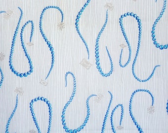 Vintage 50's white cotton w turquoise blue pearl necklaces pattern w gold clasp pattern - gold accents - 50's fabric and pattern