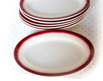 Vintage midcentury Buffalo China and Jackson China maroon red airbrush coffee cups and oval small side plates