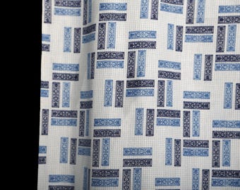 lightweight cotton midcentury 1950's clothing quilting fabric white w blue shapes plaid