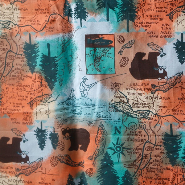 Montana nature map cotton quilting clothing fabric rust orange turquoise bears trees nature maps directions north south east west mountains