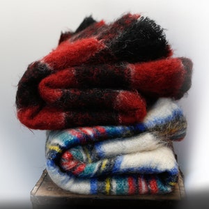 Mohair classic plaid throw Taranpaul red white blue / burgundy and black square checked mohair scarf shawl - vintage