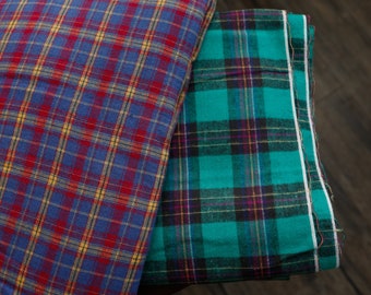 Vintage cotton flannel fabric - plaid lightweight flannel for clothing / green purple plaid / blue red yellow plaid