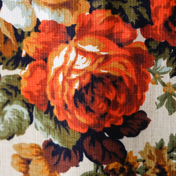 1960's floral bright orange with brown green pattern on cream color ground fabric Vintage J.C. Penney