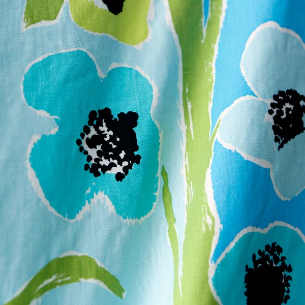 Turquoise blue chartreuse green floral midcentury decor upholstery fabric - large abstract flowers - marimekko-esque. no name on selvedge.